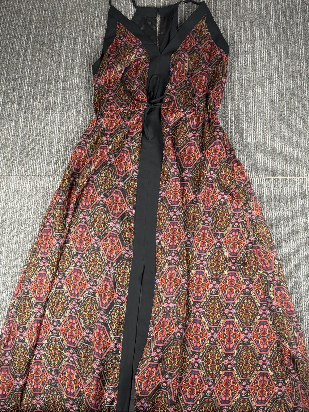 Adelyn Rae Boho Printed Sleeveless Maxi Dress with Black Trim
